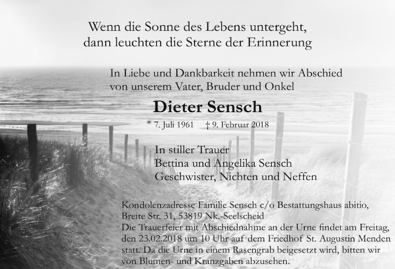  Traueranzeige für Dieter Sensch vom 17.02.2018 aus  Rhein-Sieg-Wochenende 