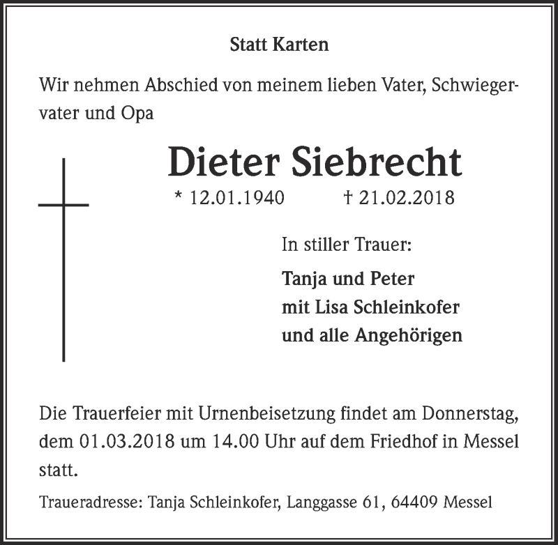  Traueranzeige für Dieter Siebrecht vom 24.02.2018 aus 