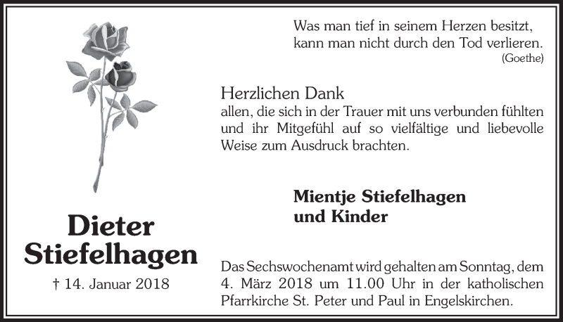  Traueranzeige für Dieter Stiefelhagen vom 28.02.2018 aus  Anzeigen Echo 