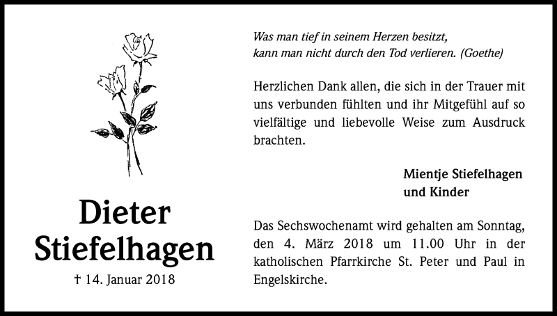  Traueranzeige für Dieter Stiefelhagen vom 28.02.2018 aus Kölner Stadt-Anzeiger / Kölnische Rundschau / Express