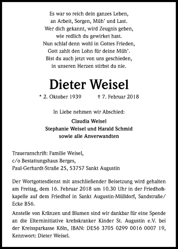 Anzeige von Dieter Weisel von Kölner Stadt-Anzeiger / Kölnische Rundschau / Express