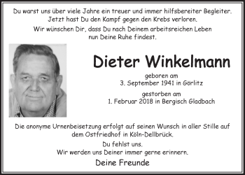 Anzeige von Dieter Winkelmann von  Bergisches Handelsblatt 