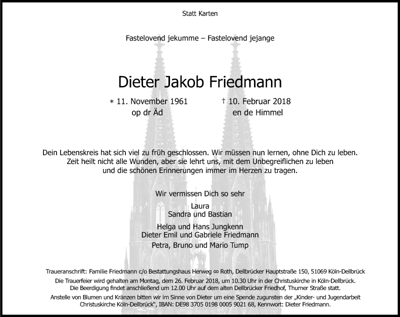  Traueranzeige für Dieter Jakob Friedmann vom 21.02.2018 aus Kölner Stadt-Anzeiger / Kölnische Rundschau / Express