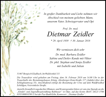 Anzeige von Dietmar Zeidler von Kölner Stadt-Anzeiger / Kölnische Rundschau / Express