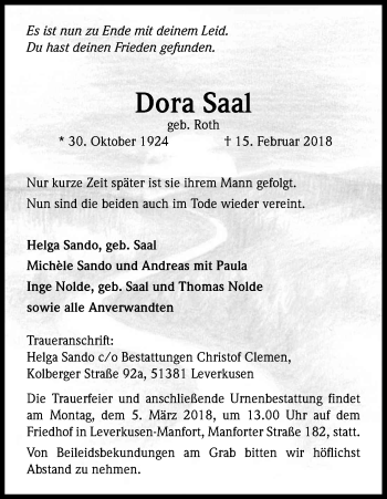 Anzeige von Dora Saal von Kölner Stadt-Anzeiger / Kölnische Rundschau / Express