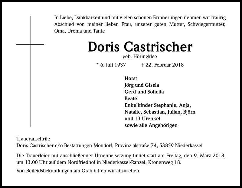  Traueranzeige für Doris Castrischer vom 28.02.2018 aus Kölner Stadt-Anzeiger / Kölnische Rundschau / Express