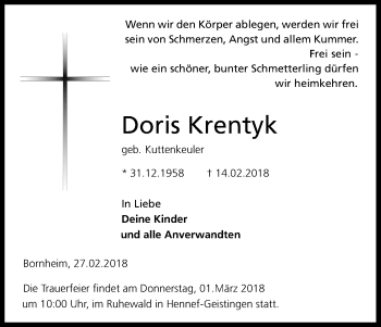 Anzeige von Doris Krentyk von Kölner Stadt-Anzeiger / Kölnische Rundschau / Express