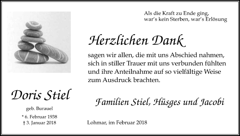  Traueranzeige für Doris Stiel vom 24.02.2018 aus Kölner Stadt-Anzeiger / Kölnische Rundschau / Express
