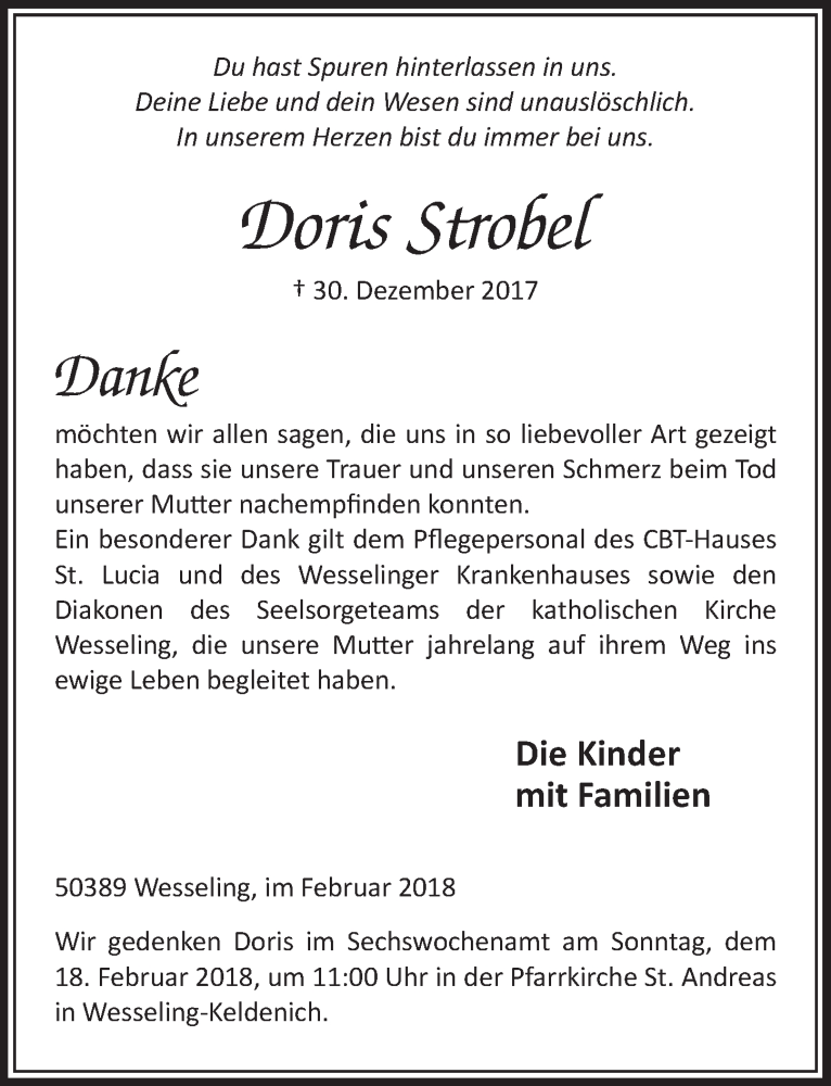  Traueranzeige für Doris Strobel vom 14.02.2018 aus  Schlossbote/Werbekurier 