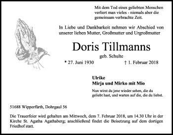 Anzeige von Doris Tillmanns von Kölner Stadt-Anzeiger / Kölnische Rundschau / Express