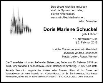 Anzeige von Doris Marlene Schuckel von Kölner Stadt-Anzeiger / Kölnische Rundschau / Express