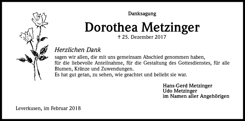  Traueranzeige für Dorothea Metzinger vom 17.02.2018 aus Kölner Stadt-Anzeiger / Kölnische Rundschau / Express