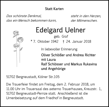 Anzeige von Edelgard Uelner von  Anzeigen Echo 