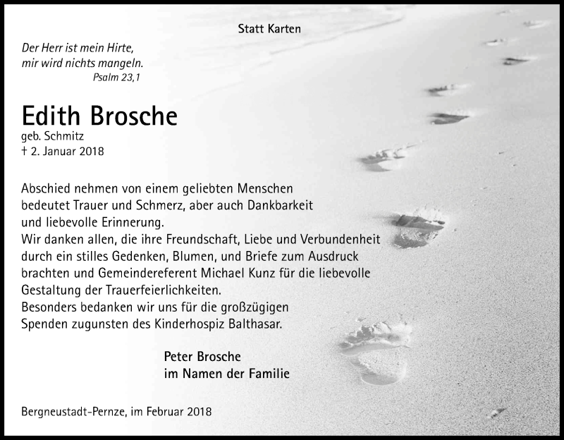  Traueranzeige für Edith Brosche vom 10.02.2018 aus Kölner Stadt-Anzeiger / Kölnische Rundschau / Express