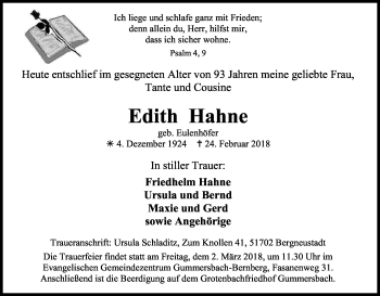 Anzeige von Edith Hahne von Kölner Stadt-Anzeiger / Kölnische Rundschau / Express