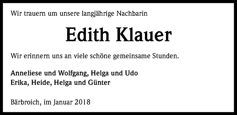  Traueranzeige für Edith Klauer vom 02.02.2018 aus Kölner Stadt-Anzeiger / Kölnische Rundschau / Express