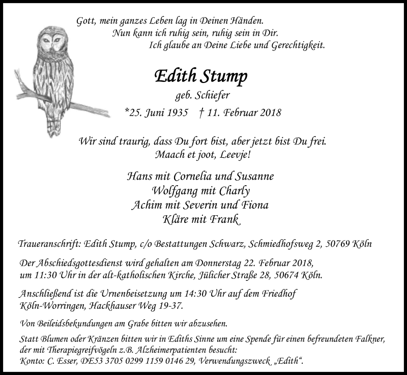  Traueranzeige für Edith Stump vom 17.02.2018 aus Kölner Stadt-Anzeiger / Kölnische Rundschau / Express
