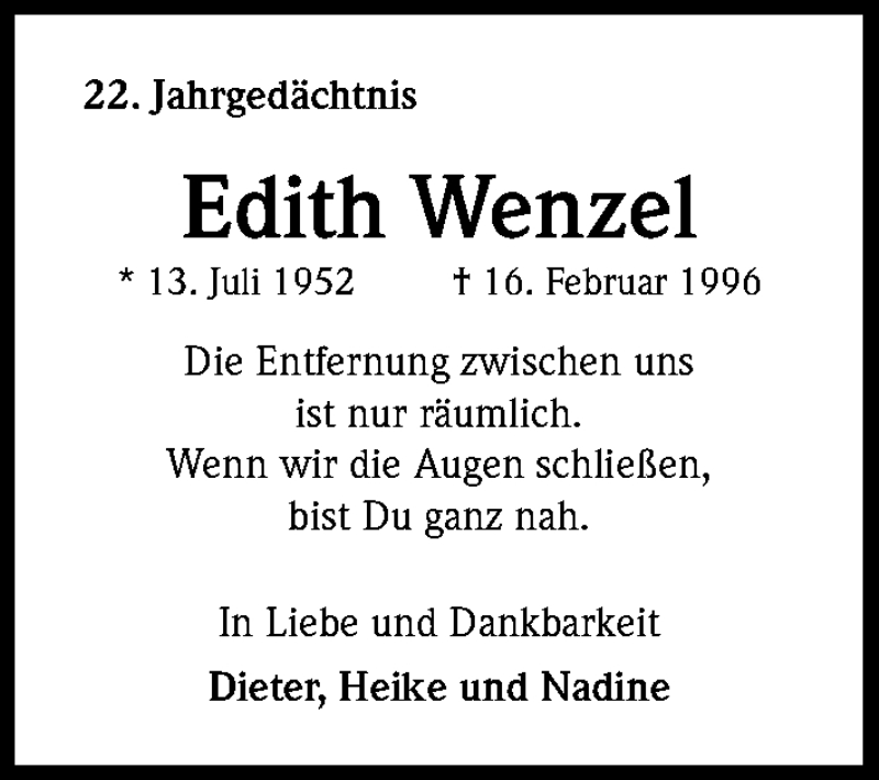  Traueranzeige für Edith Wenzel vom 16.02.2018 aus Kölner Stadt-Anzeiger / Kölnische Rundschau / Express