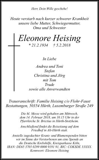 Anzeige von Eleonore Heising von Kölner Stadt-Anzeiger / Kölnische Rundschau / Express