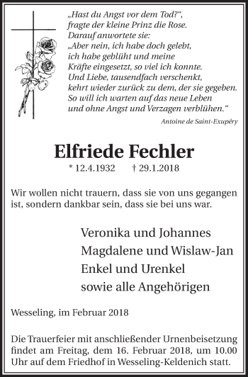 Anzeige von Elfriede Fechler von  Schlossbote/Werbekurier 