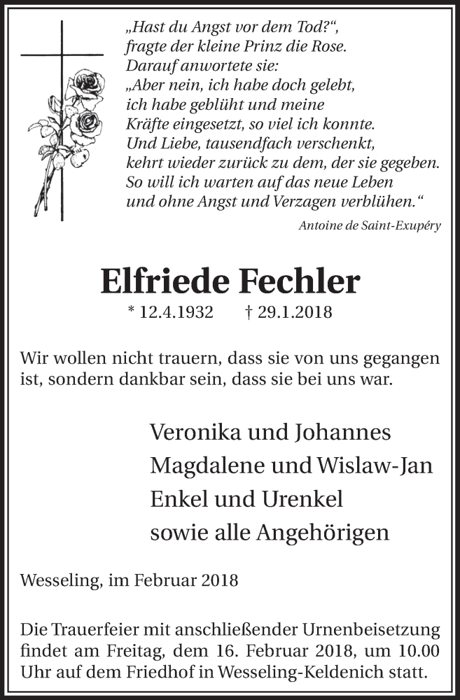  Traueranzeige für Elfriede Fechler vom 14.02.2018 aus  Schlossbote/Werbekurier 