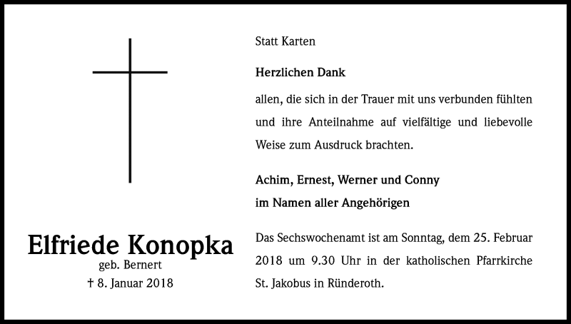  Traueranzeige für Elfriede Konopka vom 20.02.2018 aus Kölner Stadt-Anzeiger / Kölnische Rundschau / Express