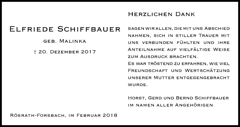  Traueranzeige für Elfriede Schiffbauer vom 17.02.2018 aus Kölner Stadt-Anzeiger / Kölnische Rundschau / Express