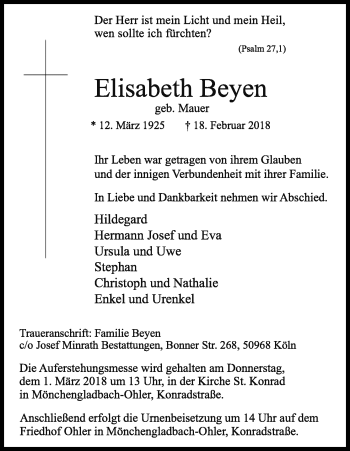 Anzeige von Elisabeth Beyen von Kölner Stadt-Anzeiger / Kölnische Rundschau / Express