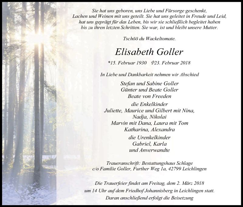  Traueranzeige für Elisabeth Goller vom 28.02.2018 aus Kölner Stadt-Anzeiger / Kölnische Rundschau / Express