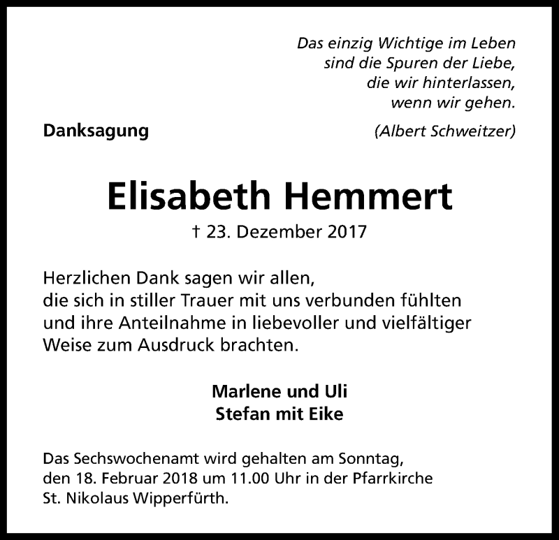  Traueranzeige für Elisabeth Hemmert vom 03.02.2018 aus Kölner Stadt-Anzeiger / Kölnische Rundschau / Express