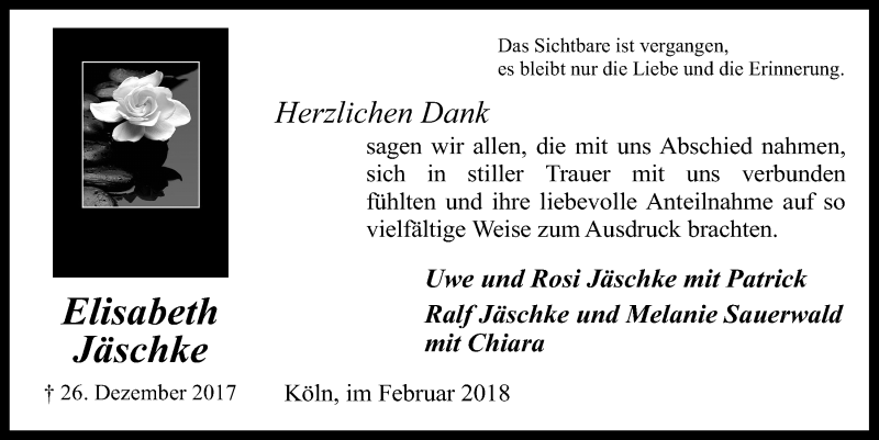  Traueranzeige für Elisabeth Jäschke vom 07.02.2018 aus  Kölner Wochenspiegel 
