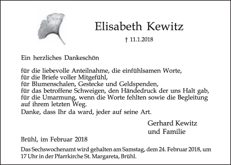 Traueranzeige für Elisabeth Kewitz vom 21.02.2018 aus  Schlossbote/Werbekurier 