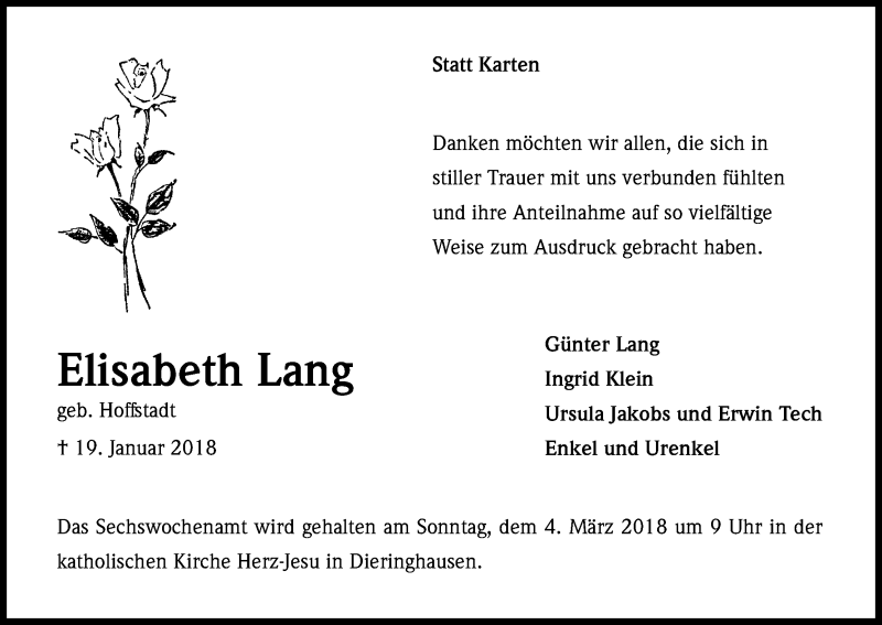  Traueranzeige für Elisabeth Lang vom 24.02.2018 aus Kölner Stadt-Anzeiger / Kölnische Rundschau / Express