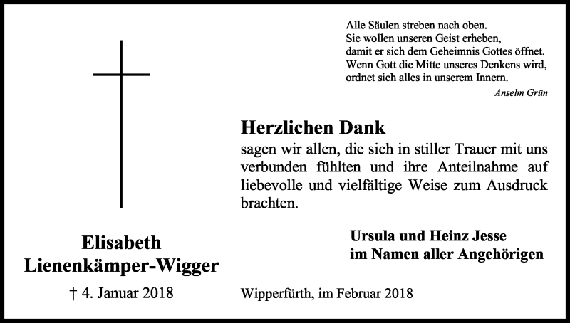  Traueranzeige für Elisabeth Lienenkämper-Wigger vom 17.02.2018 aus Kölner Stadt-Anzeiger / Kölnische Rundschau / Express