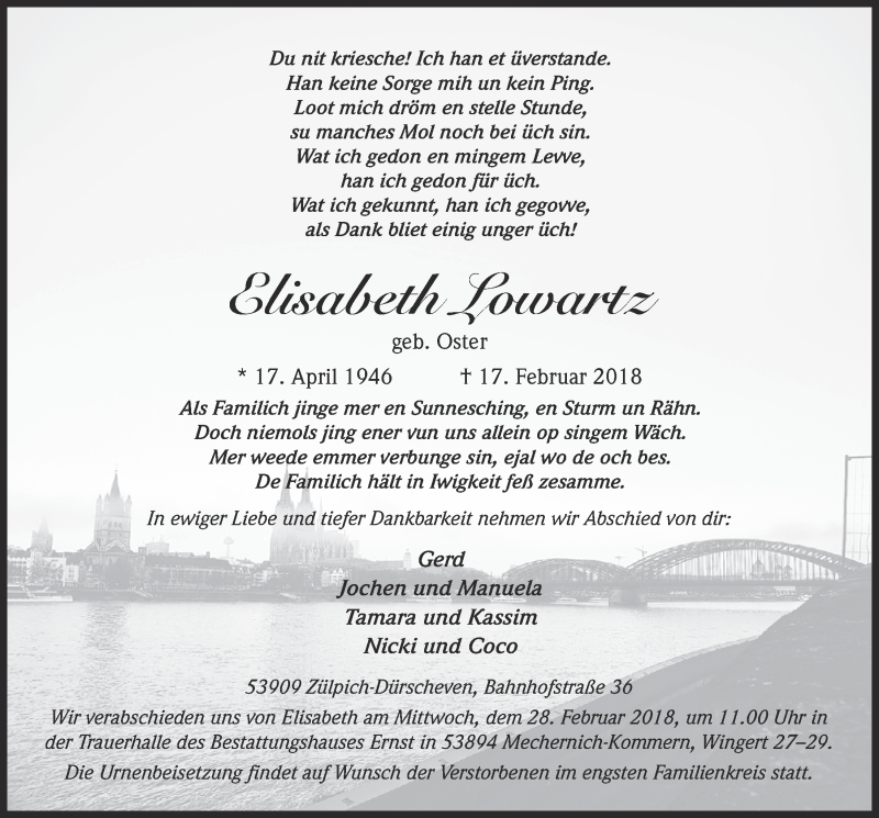  Traueranzeige für Elisabeth Lowartz vom 24.02.2018 aus  Blickpunkt Euskirchen 