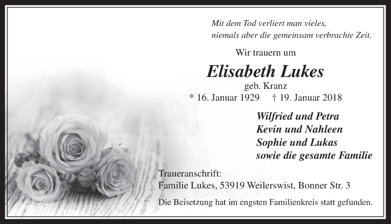  Traueranzeige für Elisabeth Lukes vom 21.02.2018 aus  Werbepost 