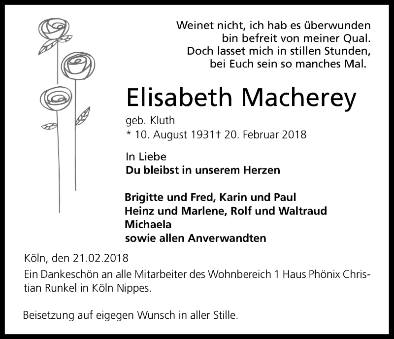  Traueranzeige für Elisabeth Macherey vom 24.02.2018 aus Kölner Stadt-Anzeiger / Kölnische Rundschau / Express