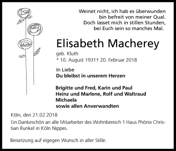 Anzeige von Elisabeth Macherey von Kölner Stadt-Anzeiger / Kölnische Rundschau / Express