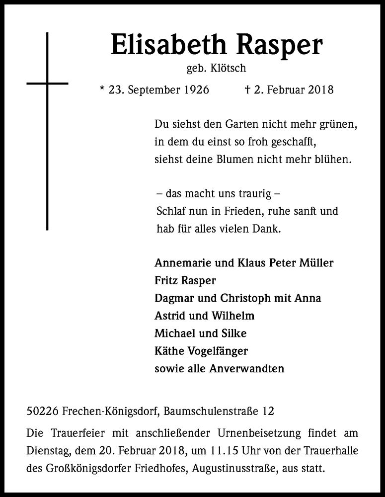  Traueranzeige für Elisabeth Rasper vom 10.02.2018 aus Kölner Stadt-Anzeiger / Kölnische Rundschau / Express