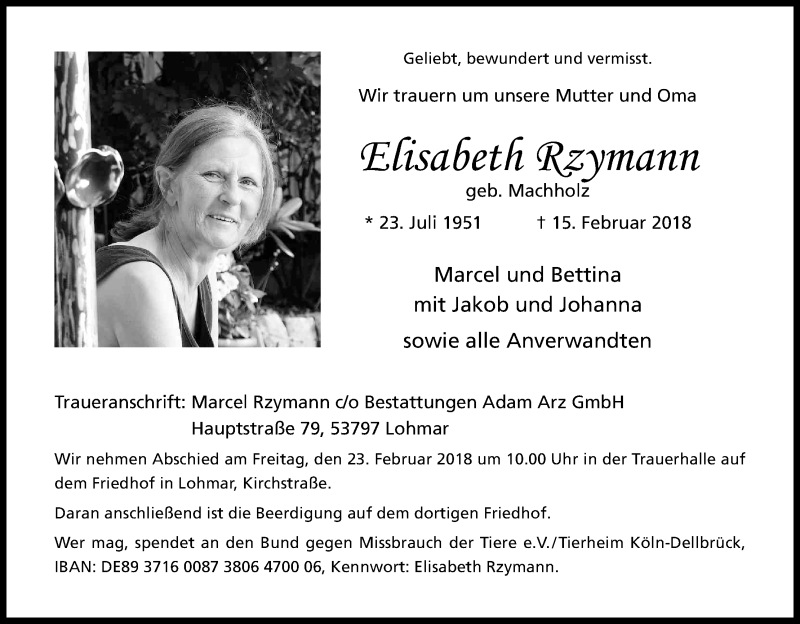  Traueranzeige für Elisabeth Rzymann vom 20.02.2018 aus Kölner Stadt-Anzeiger / Kölnische Rundschau / Express