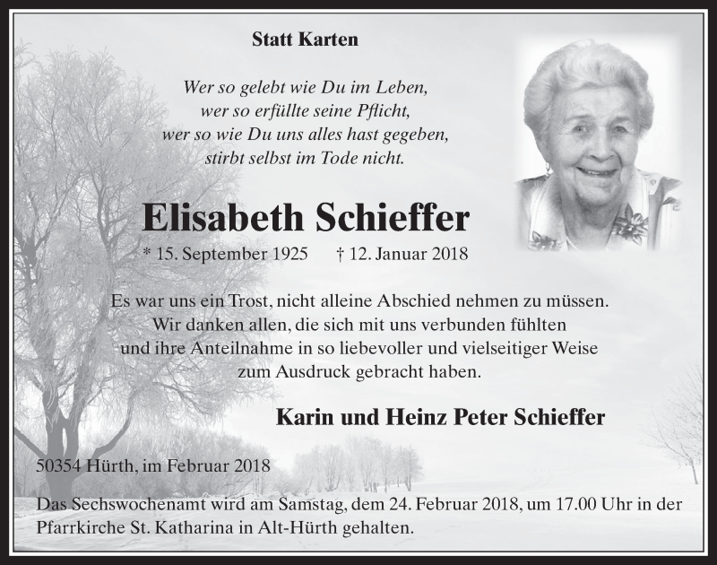  Traueranzeige für Elisabeth Schieffer vom 21.02.2018 aus  Wochenende 