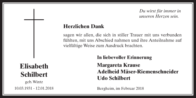  Traueranzeige für Elisabeth Schilbert vom 21.02.2018 aus  Werbepost 
