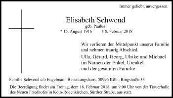 Anzeige von Elisabeth Schwend von Kölner Stadt-Anzeiger / Kölnische Rundschau / Express