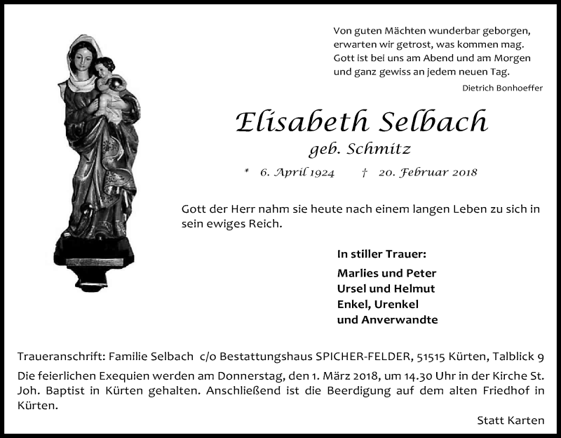 Traueranzeige für Elisabeth Selbach vom 24.02.2018 aus Kölner Stadt-Anzeiger / Kölnische Rundschau / Express