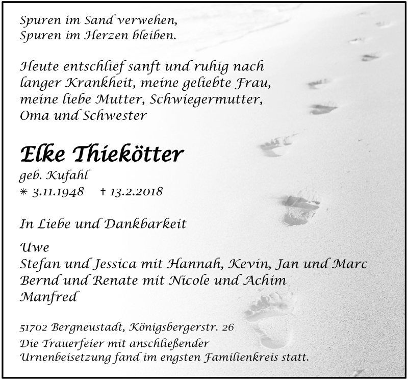  Traueranzeige für Elke Thiekötter vom 28.02.2018 aus  Anzeigen Echo 
