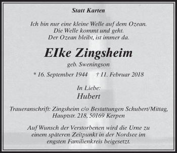 Anzeige von Elke Zingsheim von  Sonntags-Post 