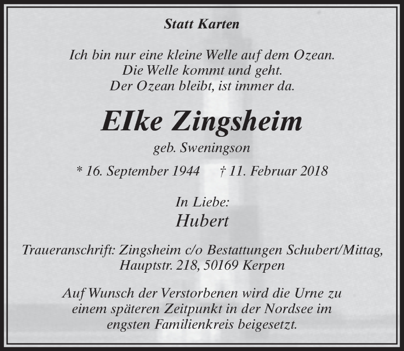  Traueranzeige für Elke Zingsheim vom 24.02.2018 aus  Sonntags-Post 