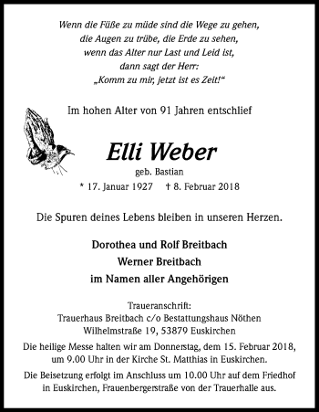 Anzeige von Elli Weber von Kölner Stadt-Anzeiger / Kölnische Rundschau / Express