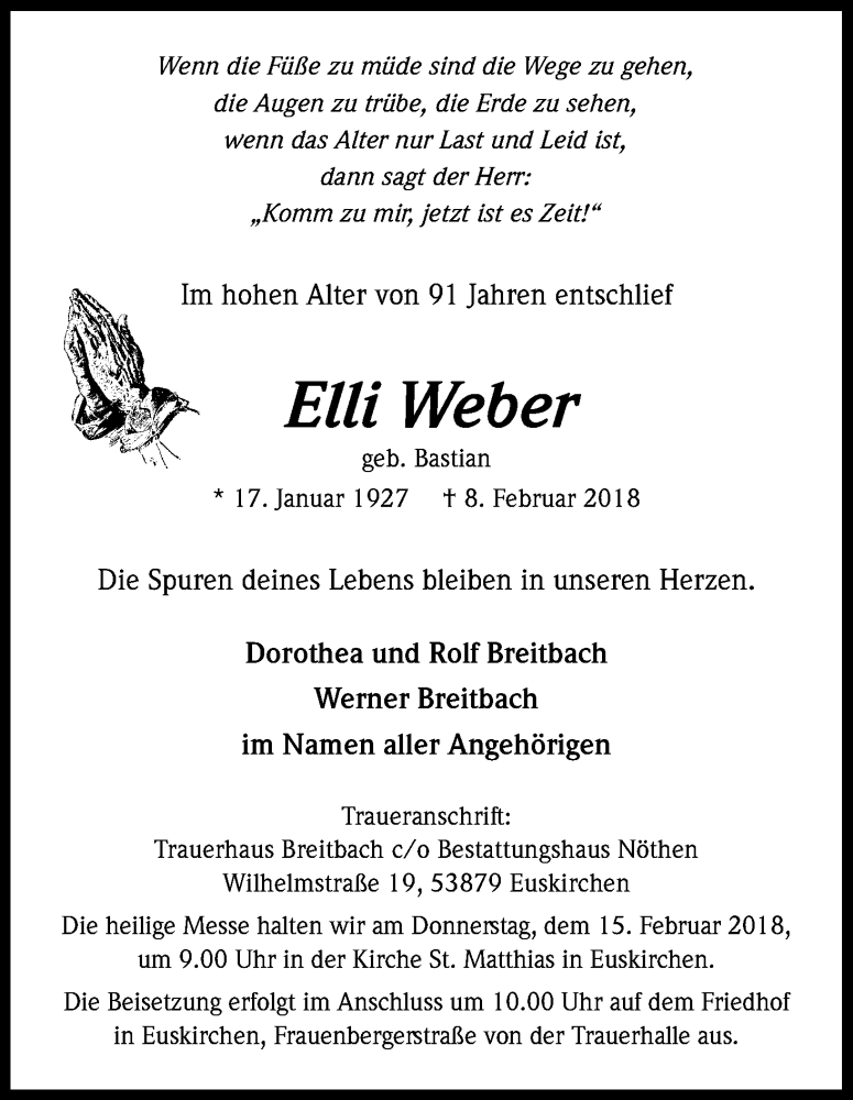  Traueranzeige für Elli Weber vom 10.02.2018 aus Kölner Stadt-Anzeiger / Kölnische Rundschau / Express