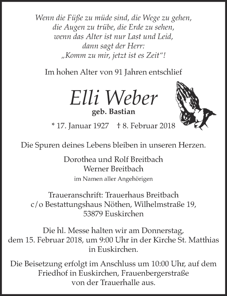  Traueranzeige für Elli Weber vom 10.02.2018 aus  Blickpunkt Euskirchen 